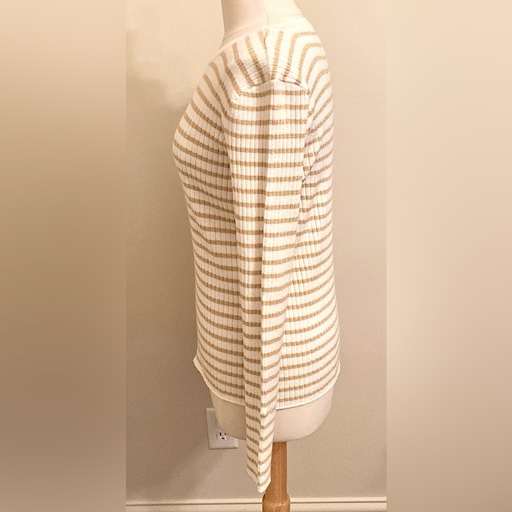 Nine West Cream Gold Metallic Striped L Coastal Nautical Preppy Casual Sweater - Picture 7 of 11